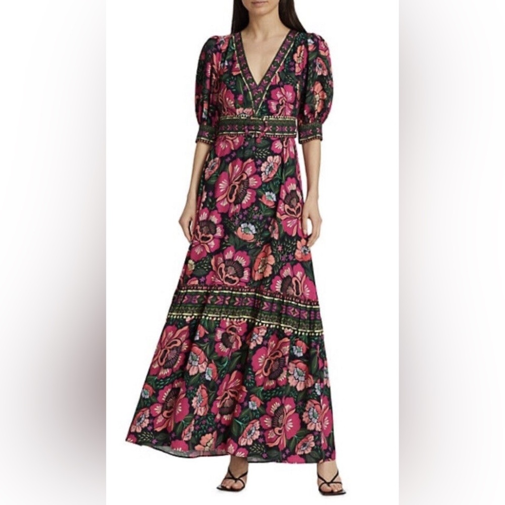 FARM Rio Green Maxi Dress with Pink Floral Print